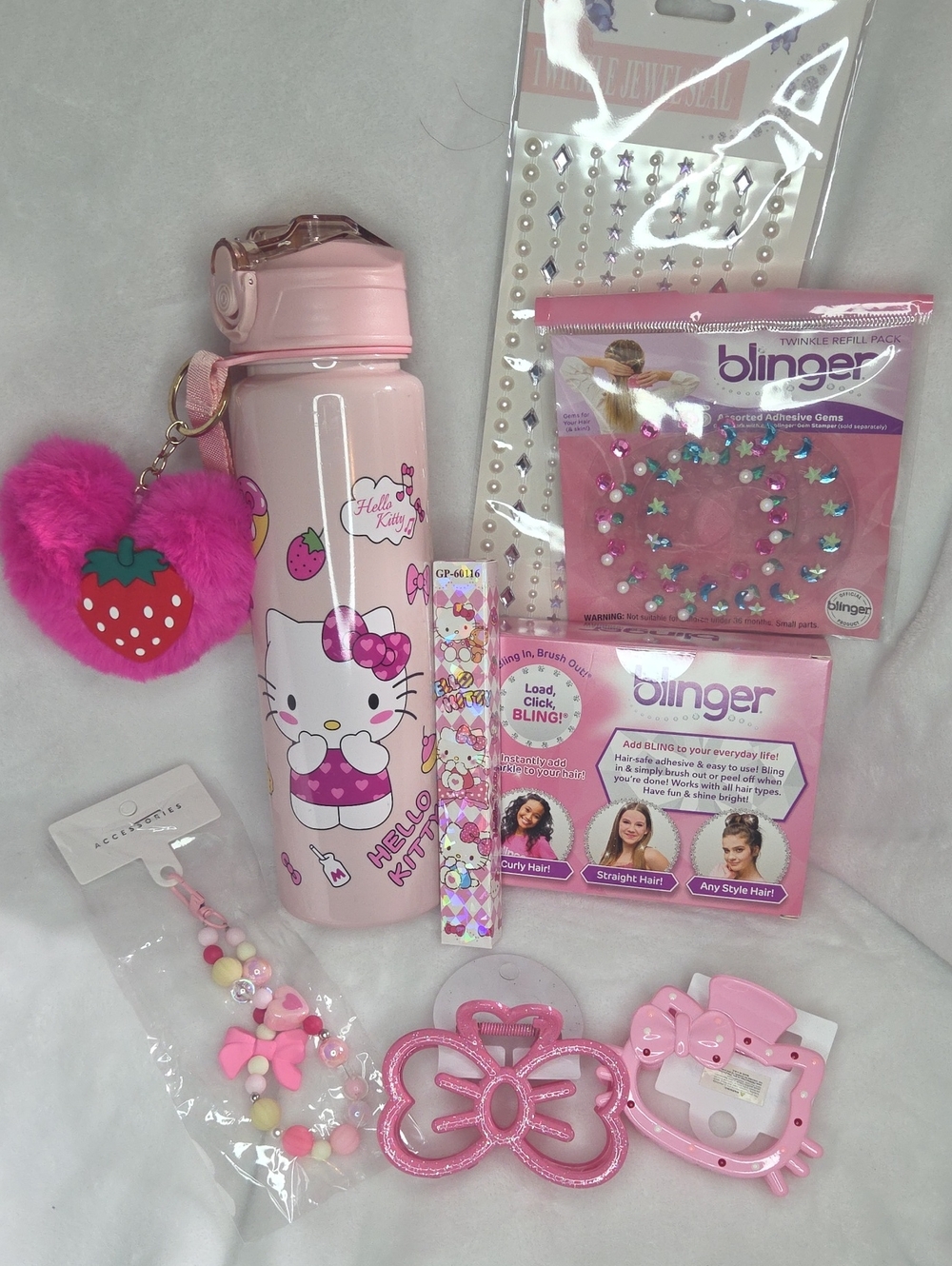 Hello Kitty Pink Accessory Bundle with Strawberry Pom Key Charm And Hair Dazzle